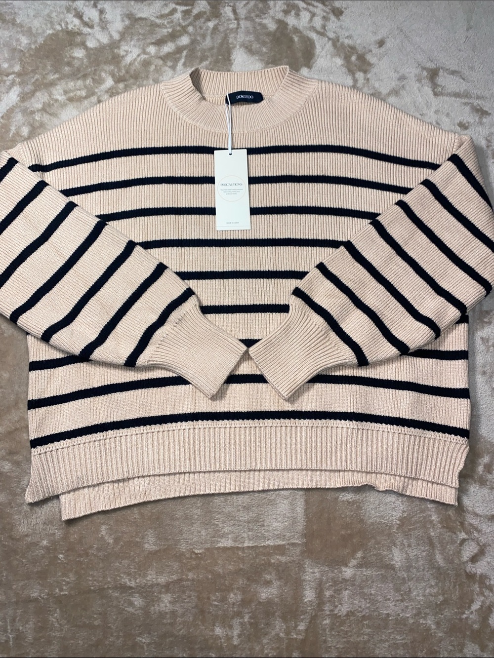 Dokotoo Striped Crewneck Sweater tan and black stripes oversized fit